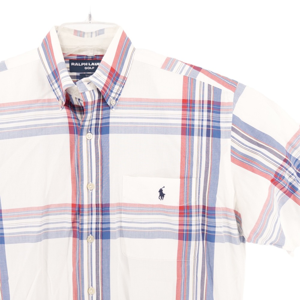 Vintage Ralph Lauren Golf Mens M Tilden Short Sleeve Shirt White Plaid Pony